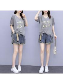 Summer fashion Cotton Tshirt Wide leg Denim short 2 pcs set