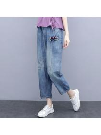 Summer fashion Loose V collar Tshirt Wide leg Jeans 2 pcs set