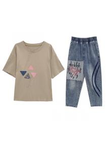 Summer fashion Loose 100% cotton Tshirt Wide leg Jeans 2 pcs set