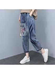 Summer fashion Loose 100% cotton Tshirt Wide leg Jeans 2 pcs set