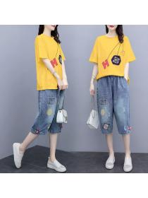 Fashion style Loose 100% cotton Tshirt Wide leg Jeans 2 pcs set