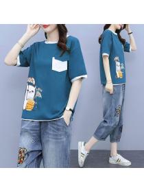 Korean style Plus size 100% cotton Tshirt Wide leg Jeans 2 pcs set