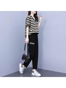 Korean style Plus size Stripe V collar Tshirt Wide leg pants 2 pcs set