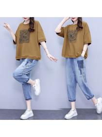 Korean style Plus size Retro Tshirt Wide leg jeans 2 pcs set