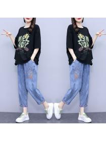 Korean style Plus size Cotton Tshirt Wide leg jeans 2 pcs set