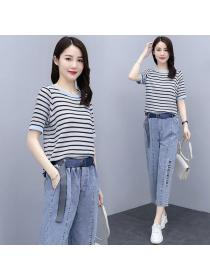 Korean style Plus size Cotton Tshirt Wide leg jeans 2 pcs set