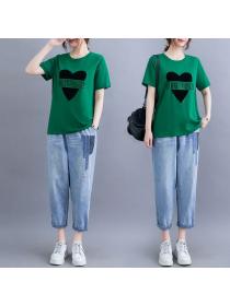 Korean style Plus size Cotton Tshirt Wide leg Light color jeans 2 pcs set
