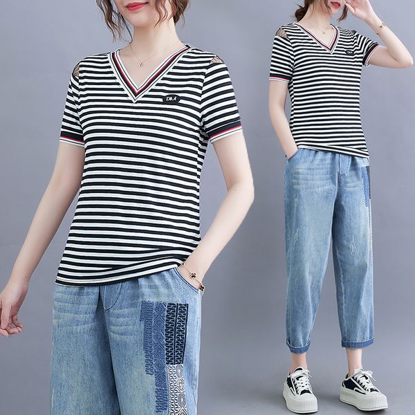 Korean style Plus size Summer Stripe Tshirt Wide leg jeans 2 pcs set