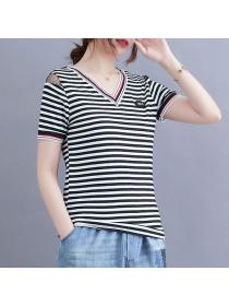 Korean style Plus size Summer Stripe Tshirt Wide leg jeans 2 pcs set