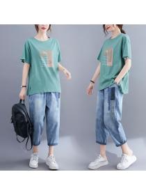 Korean style Plus size 100% cotton Tshirt Wide leg jeans 2 pcs set