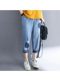Korean style Plus size 100% cotton Tshirt Wide leg Embroidery jeans 2 pcs set