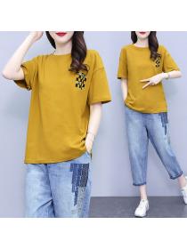 Korean style Plus size 100% cotton Tshirt Wide leg Fashion jeans 2 pcs set