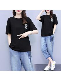 Korean style Plus size 100% cotton Tshirt Wide leg Fashion jeans 2 pcs set
