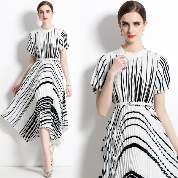 European style Summer Stripe Irregular Pleated Dress