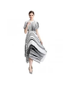 European style Summer Stripe Irregular Pleated Dress 