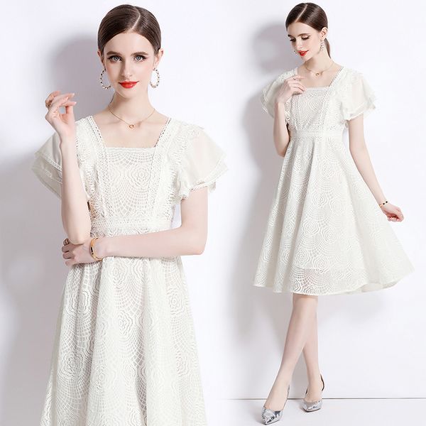 European style Summer Lace Solid color A-line dress