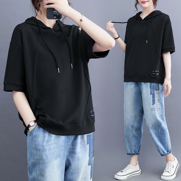 Korean style Plus size Hooded Fashion Loose Top Wide leg jeans 2 pcs set