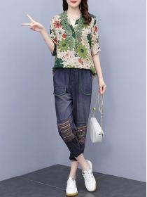 Korean style Plus size Loose Polo shirt Wide leg pants 2 pcs set