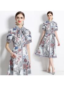 European style Summer Matching Printed Dress (with belt)