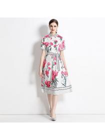 European style Matching Printed Flower Dress(with belt)