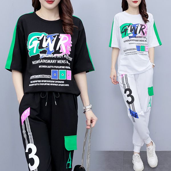 Korean style Plus size Summer Tshirt Long pants Loose Casual 2 pcs set