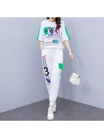 Korean style Plus size Summer Tshirt Long pants Loose Casual 2 pcs set