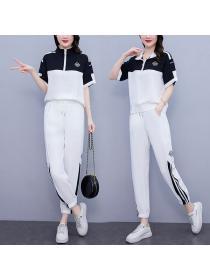 Korean style Plus size Summer Casual polo shirt Long pants 2 pcs set