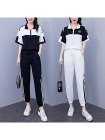 Korean style Plus size Summer Casual polo shirt Long pants 2 pcs set
