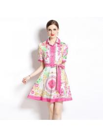 European style Matching Color Printed Dress(with belt)