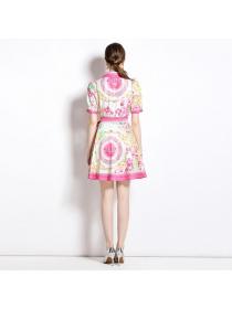 European style Matching Color Printed Dress(with belt)