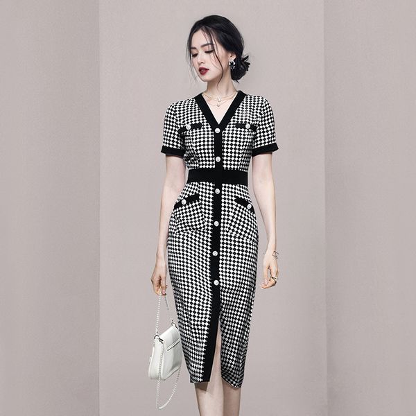Korean style V collar Plaid Pinch waist Dress