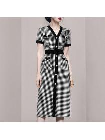 Korean style V collar Plaid Pinch waist Dress 