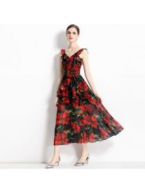 European style Slim Floral Temperament Long dress 
