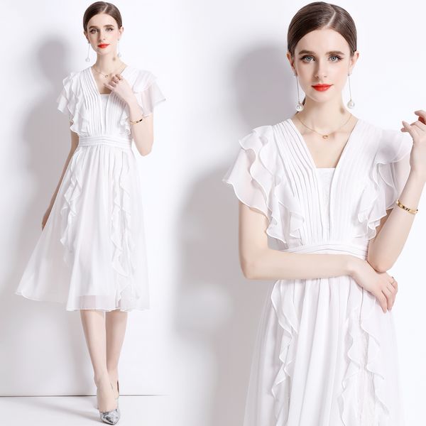 European style High waist White Dress