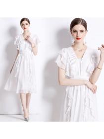 European style High waist White Dress 