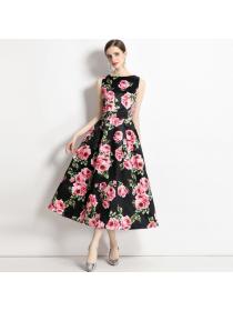 European style Sleeveless Printed A-line Dress 