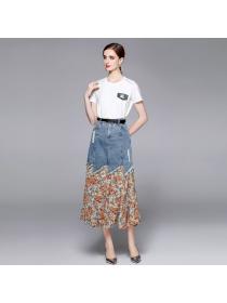 European style Fashion white t-shirt Denim skirt 2 pcs set