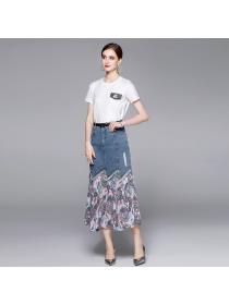 European style Fashion white t-shirt Denim skirt 2 pcs set