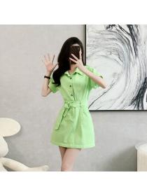 Korean style Summer Short sleeve High waist Green Denim dress 