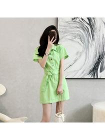 Korean style Summer Short sleeve High waist Green Denim dress 
