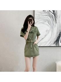 Korean style Retro Summrt High waist Denim dress 