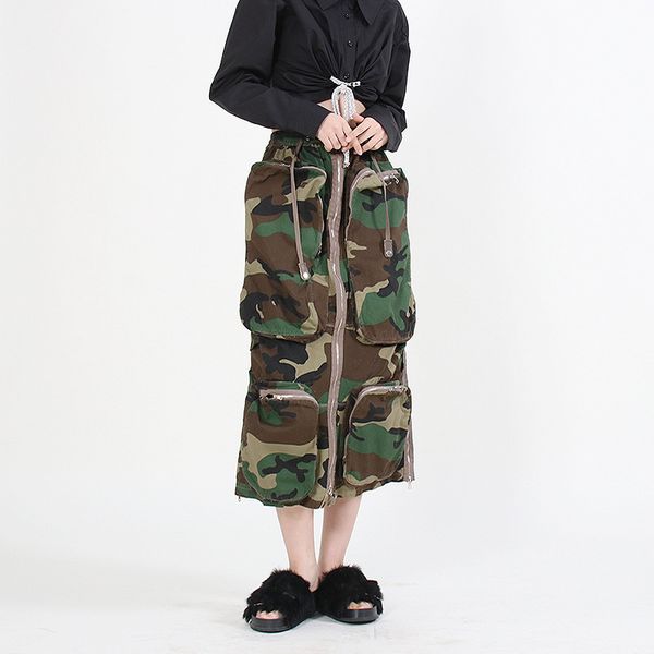 Fashion Loose waist Zip Camouflage Long skirt