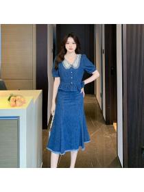 Korean style Retro Summer Fashion Long denim dress 