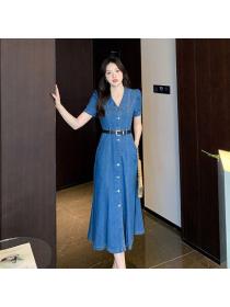 Korean style Retro Summer Pinched waist Long Fishtail dress 