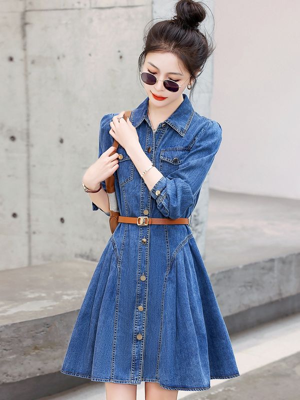 Korean style Retro Slim Denim Long sleeve Pinched waist dress