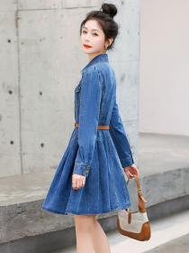 Korean style Retro Slim Denim Long sleeve Pinched waist dress 