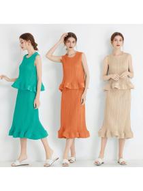 European style FashionSolid color Round collar Top+Pleated Fishtail skirt