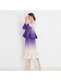 Gradual color ruffled Edge pleated top + Pleated skirt two-piece set