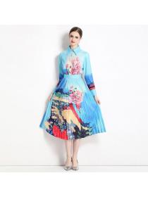European style Fashion Printed Blouse Pleated skirt 