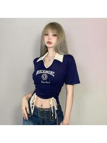Korean style Polo collar Short sleeve drawstring T-shirt 